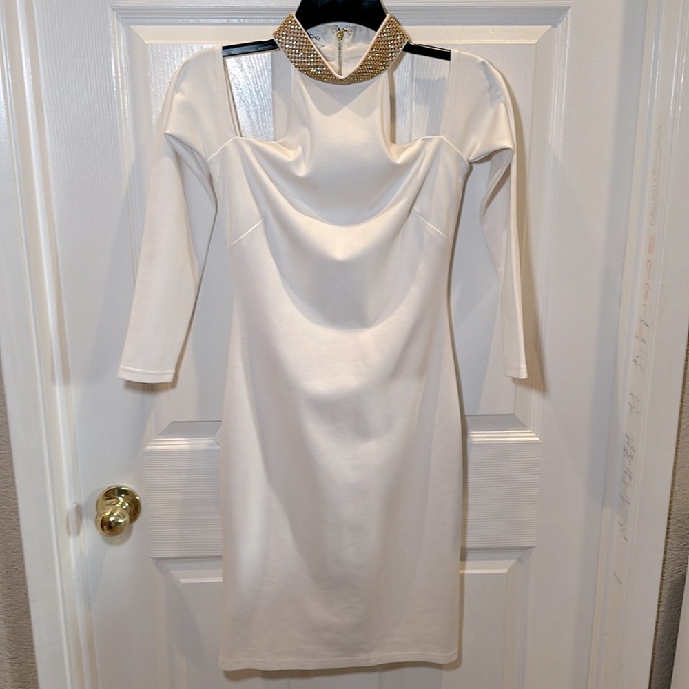 Bebe Ivory Cold Shoulder Bodycon Midi Dress w/ Gold Beaded Collar | Size XS